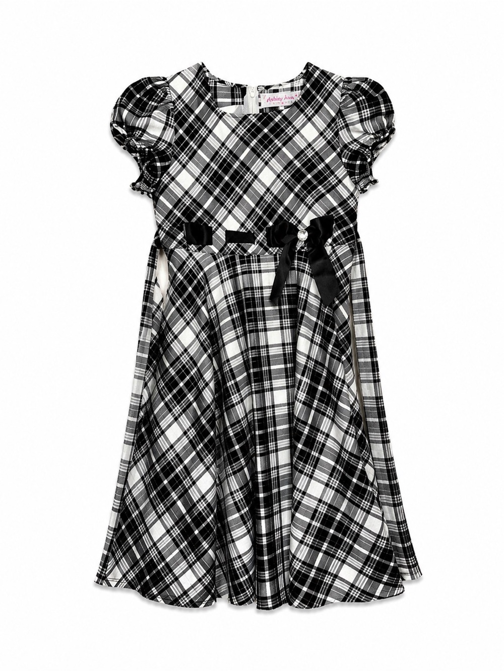Ashley Ann Black White Plaid Dress Puff Sleeve Bow Rhinestone Fit Flare